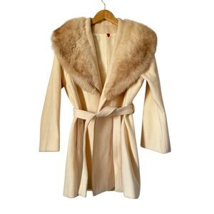 Vintage Wrap Opera Coat Fox Fur Collar Cream Wool Retro 60s Mod Womens 10 Medium